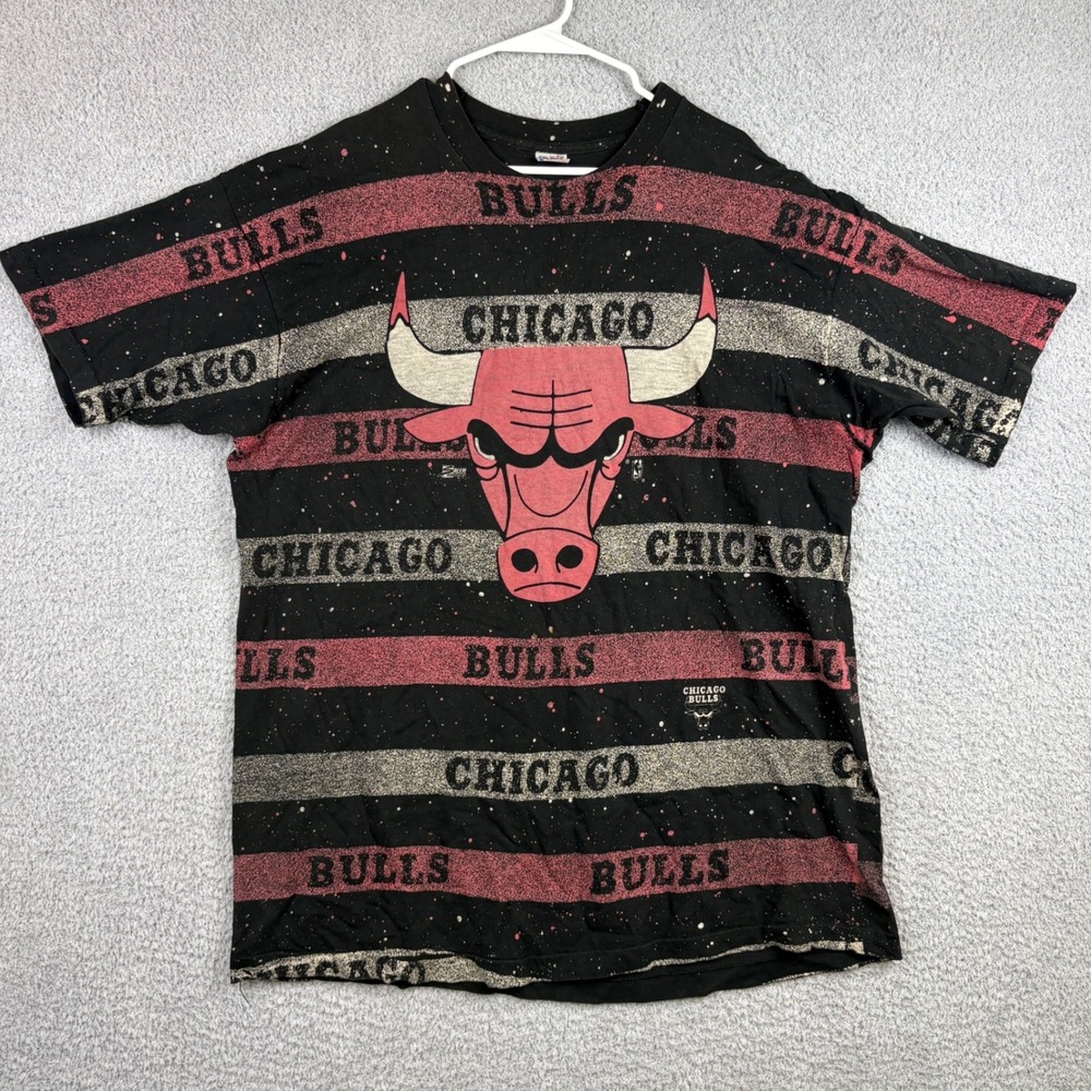 Vintage Chicago Bulls Shirt Mens XXL Black All Over Print 90s Fruit of the Loom